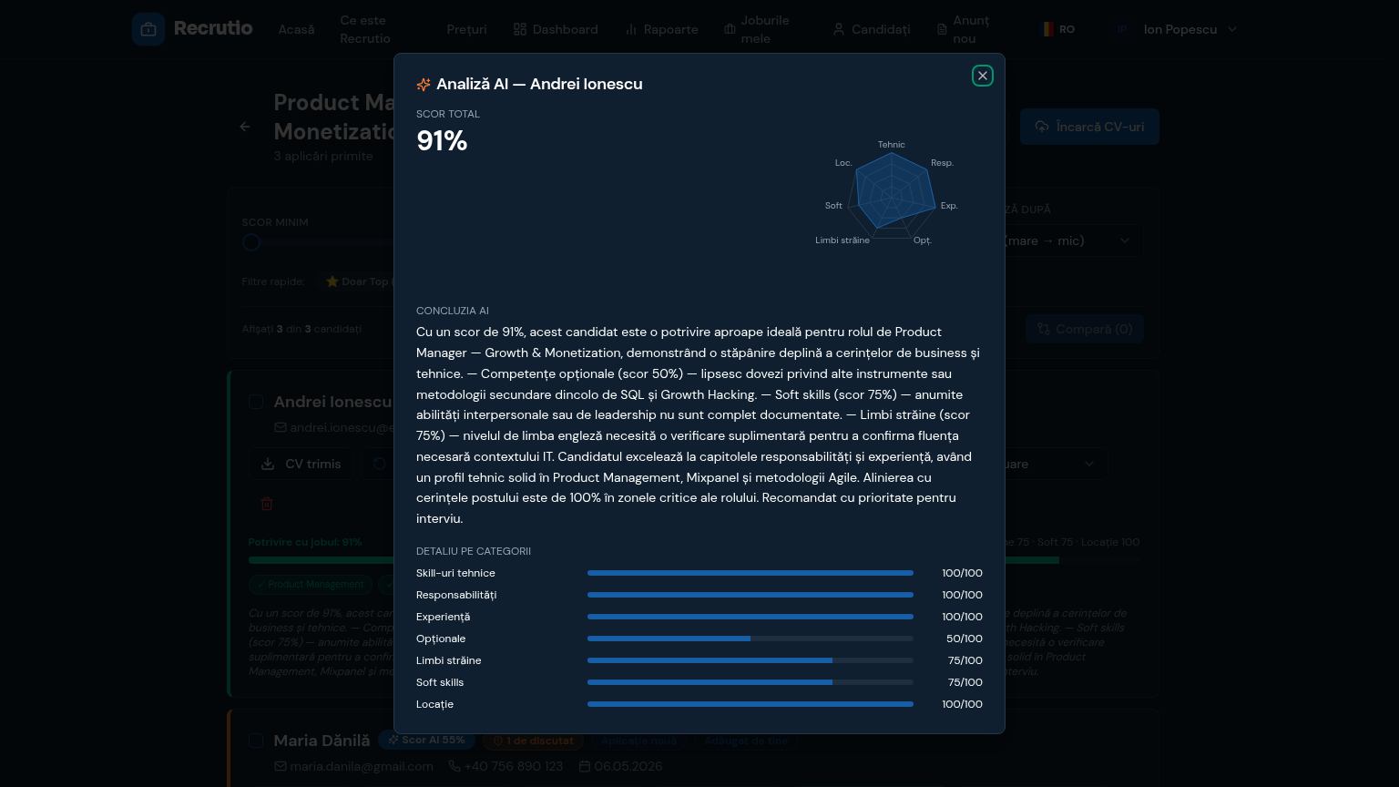 Analiza AI pentru un candidat, cu scorul pe fiecare criteriu de evaluare