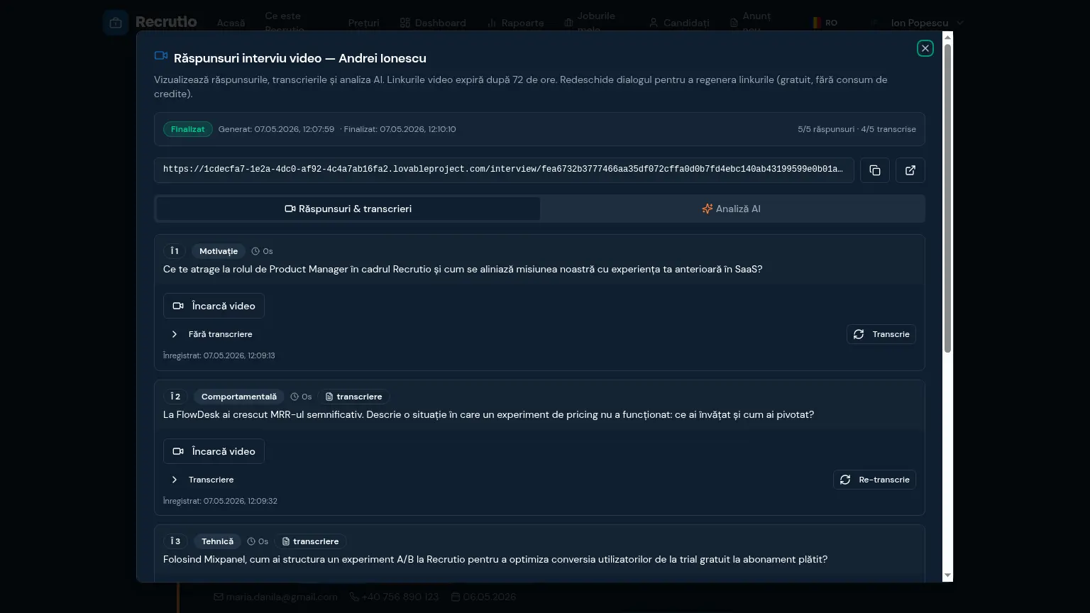 Interviu video Recrutio cu întrebări și transcriere