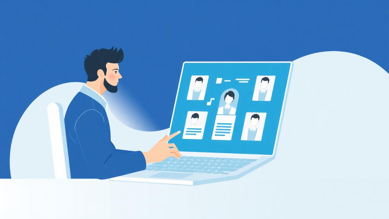 Ilustrație recrutor care folosește AI pentru a analiza CV-uri