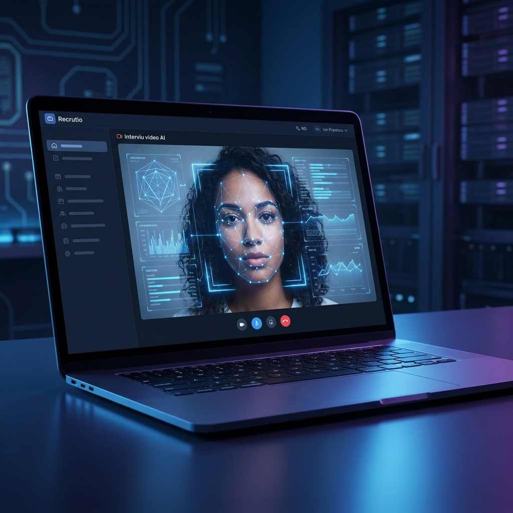 Interviu video AI pe platforma Recrutio — laptop cu analiză AI a candidatului