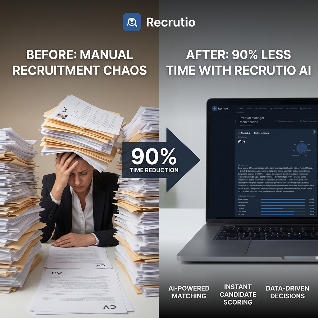 Comparație între recrutarea manuală cu teancuri de CV-uri și dashboard-ul Recrutio cu scoring AI al candidaților