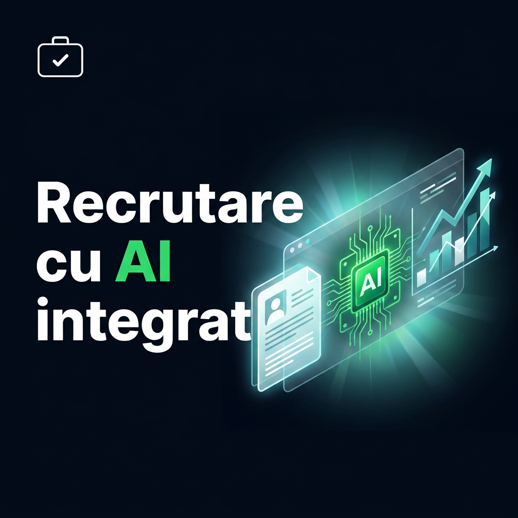 Recrutare cu AI integrat — ilustrație CV, cip AI și grafic de creștere