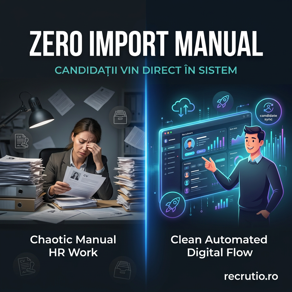 Comparație între munca HR manuală și haotică și un flux digital automatizat de recrutare cu candidați veniți direct în sistem