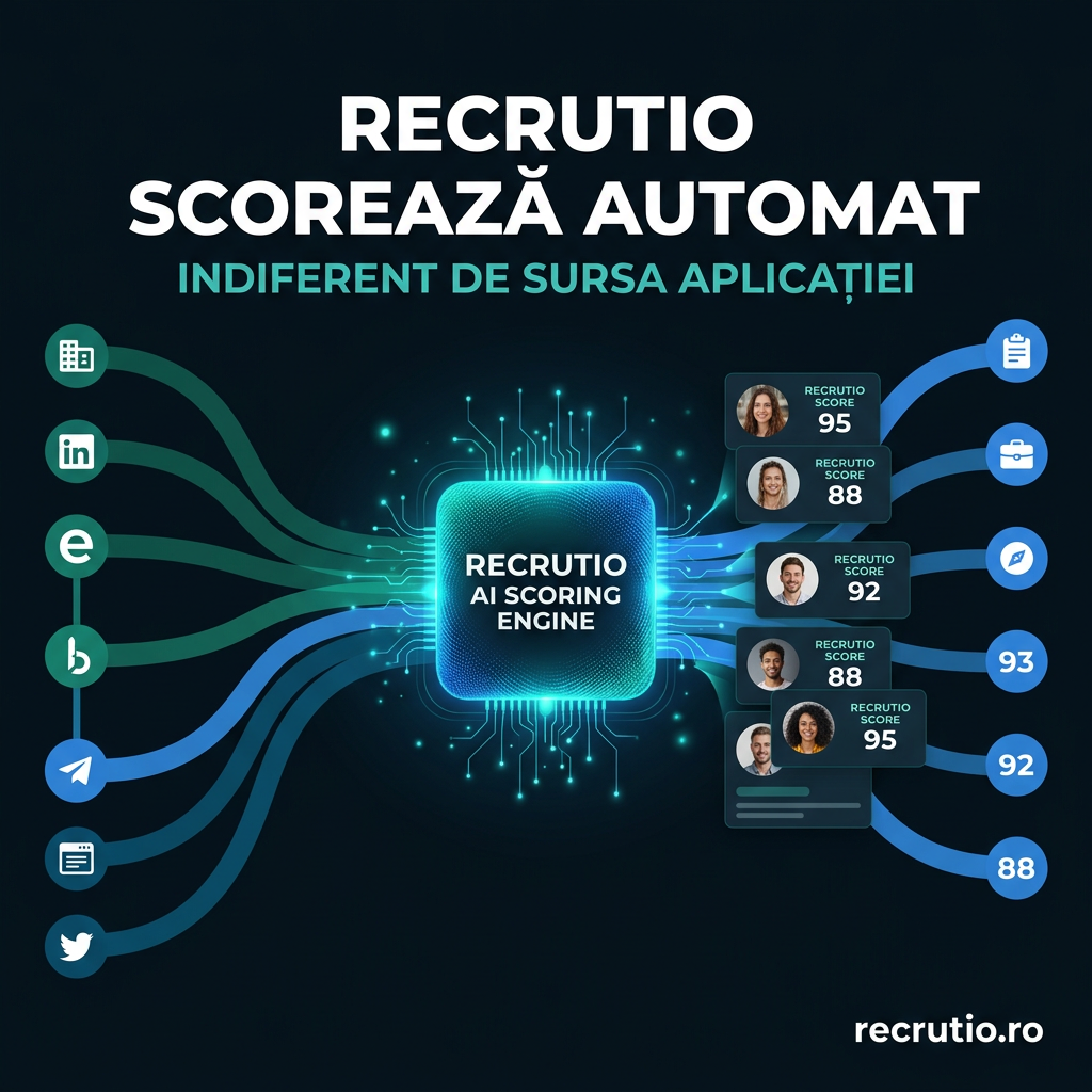 Motorul AI Recrutio care primește candidați din eJobs, email și upload manual și returnează scoruri automate pentru fiecare CV